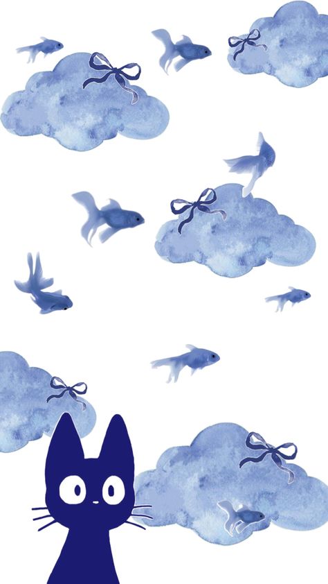 Aesthetic Doodles Wallpaper, Blue Wallpaper Ghibli, Blue Ghibli Wallpaper, Sky Blue Wallpaper Iphone, Blue Cat Icon, Wallpaper Calm Aesthetic, Cat Blue Background, Blue Cat Wallpaper, Blue Wallpaper Lockscreen