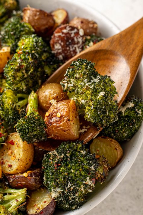 Easy Roasted Potatoes and Broccoli | Liv Gluten-Free Oven Broccoli, Roasted Potatoes And Broccoli, Spice Blend Recipes, Easy Roasted Potatoes, Potatoes And Broccoli, Roasted Veggies In Oven, Broccoli And Potatoes, Mini Potatoes, Small Batch Recipes