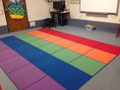 Rainbow square carpet from lakeshore Rainbow Carpet, Layering Carpet, Classroom Rugs, Classroom Carpets, Classroom Decor Middle, Classroom Decor High School, Carpets For Kids, Classroom Rug, Rainbow Rug