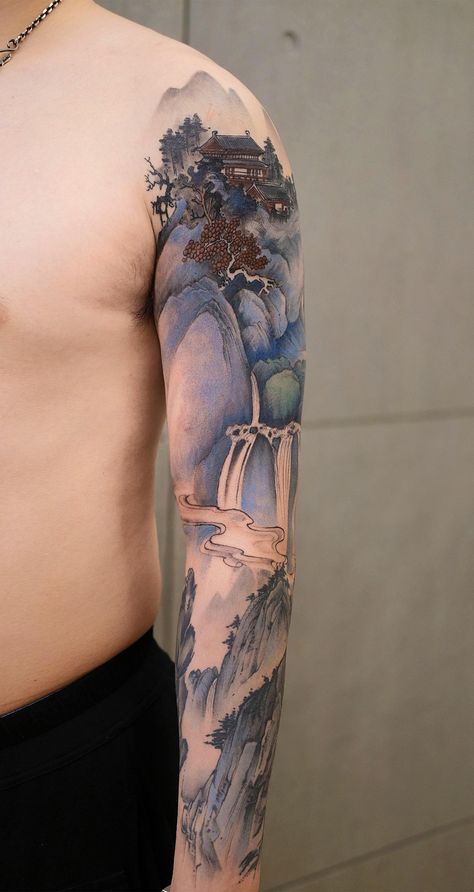 Waterfall Tattoo, Cream Tattoo, 16 Tattoo, Famous Tattoo Artists, Scenery Painting, Water Tattoo, Landscape Tattoo, Chinese Tattoo, Asian Tattoos