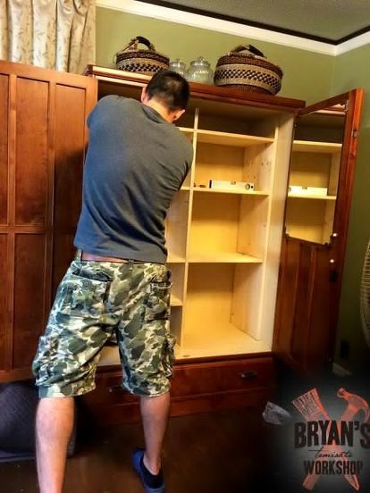 How To Add Shelves To An Armoire, Adding Shelves To Armoire, Add Shelves To Armoire, Diy Wallpaper Headboard, Armoire Ideas, Armoire Repurpose, Armoire Diy, Farmhouse Stand, Building Shelves