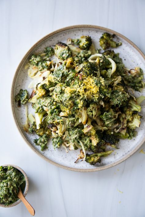 This easy roasted broccoli side dish is punched up with a tangy and herby caper pesto and makes for a beautiful presentation on your holiday table or for a weeknight dinner. It’s bulked up with some roasted cabbage to allow for a larger low FODMAP portion, but it’s truly the best side dish for any dairy-free, gluten-free meal! Low Fodmap Vegetables, Broccoli Side Dish, Best Side Dish, Carrots And Green Beans, Roasted Cabbage, Vegetable Side Dishes Recipes, Small Food Processor, Low Fodmap Recipes, Free Meal