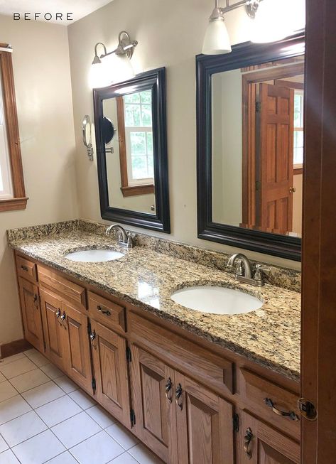 Tan Bathroom Counter, Bathroom With Tan Countertop, Brown And Beige Bathroom Decor, Bathroom Brown Countertop, Bathroom With Brown Cabinets, Dated Bathroom Makeover, Bathroom Vanity Beige Countertop, Blue And Brown Bathroom Ideas, Brown Countertops Bathroom