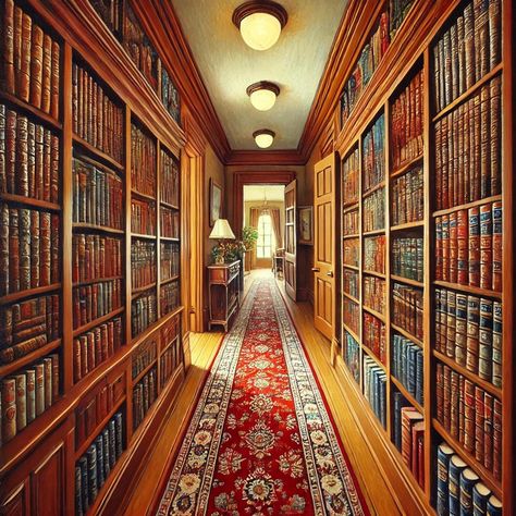 An oil painting of a cozy home library hallway filled with bookshelves on both sides, stacked with colorful books of various sizes. Dream Library Cozy, Library Hallway, Bookshelves Library, Lindisfarne Castle, Home Library Design Ideas, Cozy Home Library, Colorful Books, Mansion Ideas, Library Designs