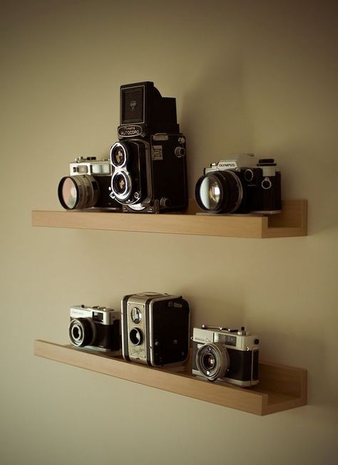 Ribba vintage camera shelf Camera Shelf, Fotocamere Vintage, Camera Decor, Camera Storage, Dslr Photography Tips, Antique Cameras, Camera Dslr, Old Cameras, Dslr Photography