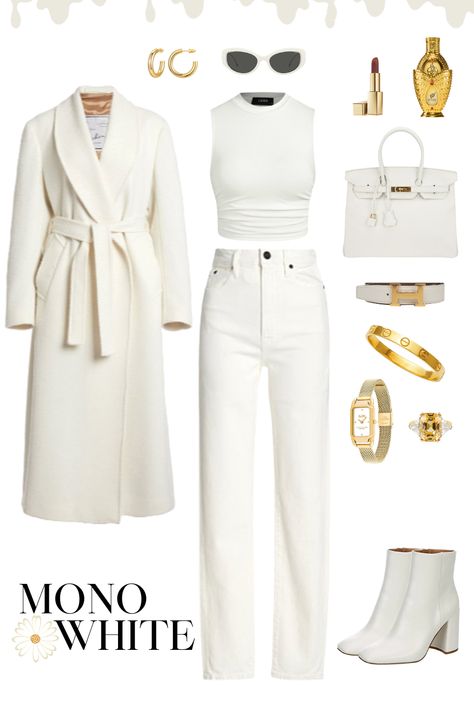 🤍 Elegant monochrome white outfit, perfect for autumnal weather. White jeans paired with white top, white coat, and white boots create matching base. Adding white Hermès Birkin handbag with matching Hermès belt and white sunglasses elevates the outfit. Adorned with golden jewelry (hoop earrings, Coach watch,Cartier bracelet, and yellow diamond ring). Outfit is finalized by adding darker lipstick and Arabian perfume.

#Hermès #Coach #Cartier #WhiteOutfit #Autumn #OutfitInspo #Elegant #Monochrome White Birkin Bag Outfit, Socialite Outfits, Khaki And White Outfits, Darker Lipstick, Monochrome White Outfit, Gold Bag Outfit, White Purse Outfit, Birkin Outfit, Bangle Outfit