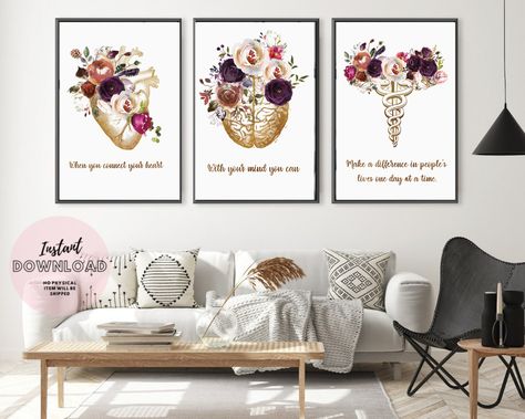 Set of 3 Medical Inspirational Quote Doctor Office Decor Caduceus Wall Art School Student Graduation Gift Heart Brain Printable Thank You Doctor Room Decor, Brain Printable, Medical Room, Wall Art School, Doctor Office Decor, Pediatrician Office, Doctor Stuff, Nurse Office Decor, Bedroom Flowers