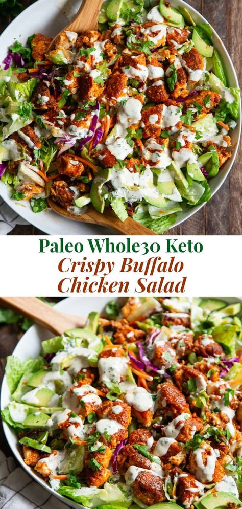 This buffalo chicken salad is super addicting, easy to make, and filled with goodies!  Crispy pan fried chicken tenders are tossed in 2 ingredient buffalo sauce and mixed with greens, carrots, celery, avocado and topped with Whole30 compliant cilantro ranch dressing. Easy to prep ahead of time and great for weeknight dinners. #paleo #keto #whole30 Pan Fried Chicken Tenders, Cilantro Ranch Dressing, Cilantro Ranch, Recipes With Cool Whip, Keto Salad, Buffalo Chicken Salad, Fried Chicken Tenders, Whole30 Keto, Resep Salad