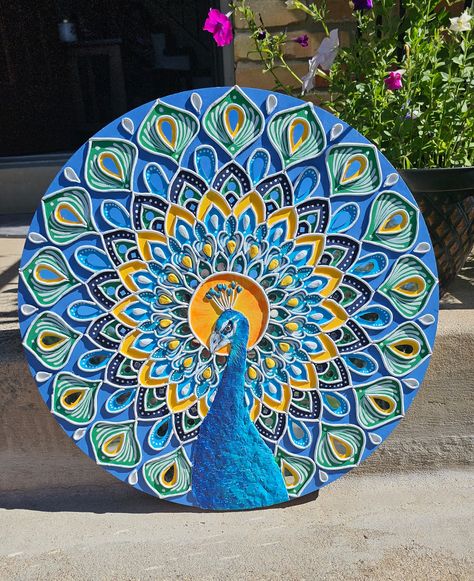 Clay and Mirror peacock Mandala, this home decor all handcrafted with clay and different shapes mirrors.  This is perfect for home decor. Perfect to give as a gift to friends and family.  This art is done on wood circle and comes with keyhole so its ready to hang  Size 19.5 in x 0.5 in Can clean with dry clothes  This is all handmade product so there may be slight noticeable differences in shapes. But created with lots of love and care to enhance the beauty of your home.  If you have any questio Peacock Mirror Art, Lippin Art Mirror, Wall Hanging With Clay, Peacock Feather Lippan Art, Creative Art Work Ideas, Lippan Art Mirror Peacock, Lippan Art In Circle, Mirror And Clay Art, Lippan Art Designs Circle