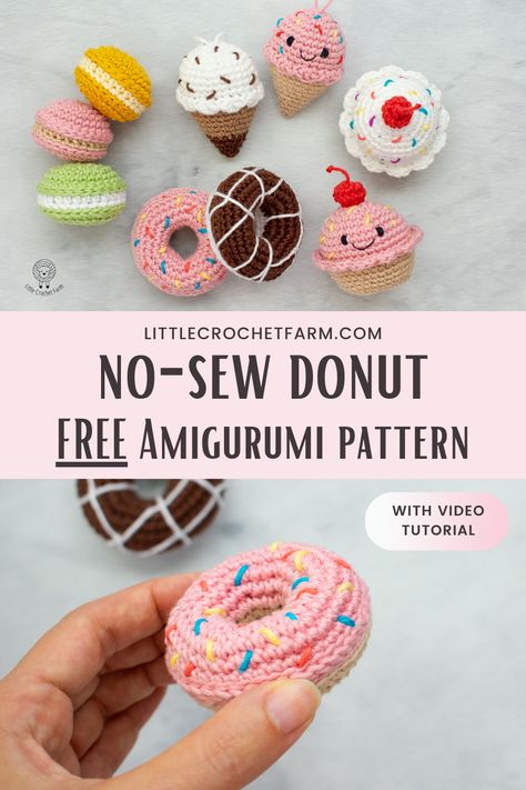 Minindonut free amigurumi pattern! Super cute and fast amigurumi to crochet! No sewing required for this crochet toy! Part of the amigurumi sweet party collection, you can find the cupcake, ice cream cone, macaroons and donut, all no-sew amigurumi patterns! Plus, a complete video tutorial to help you out! You Caan find them all on littlecrochetfarm.com Amigurumi Donut, Crochet Donut, Crochet Farm, Crochet Cupcake, Slip Stitch Crochet, Quick Crochet Projects, Fast Crochet, Easy Amigurumi, Donut Pattern