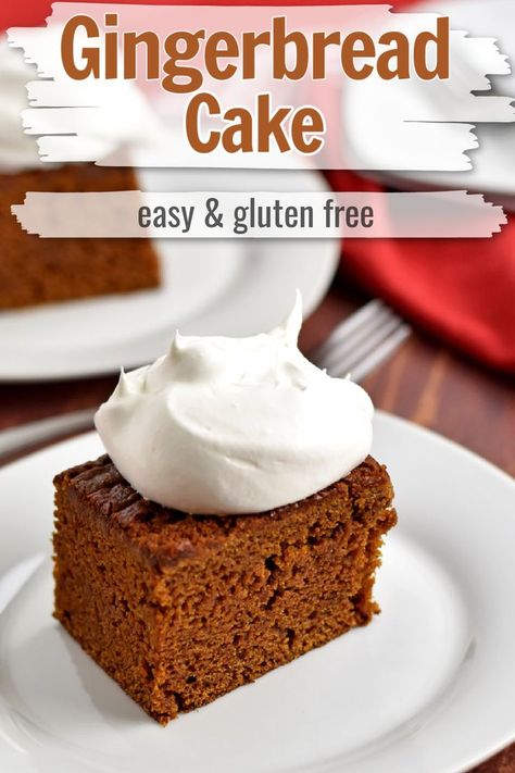 This easy recipe for gluten free gingerbread cake is perfect for the holidays. The tender, spicy cake combines the flavors of ginger, cinnamon, and molasses. Top the cake with whipped cream or vanilla ice cream for a delicious Christmas or holiday dessert. Gluten Free Gingerbread Cake, Spicy Cake, Gluten Free Holiday Recipes, Cake With Whipped Cream, Gingerbread Cake Recipe, Gluten Free Cake Recipe, Gluten Free Gingerbread, Gluten Free Holiday, Easy Gluten Free Desserts