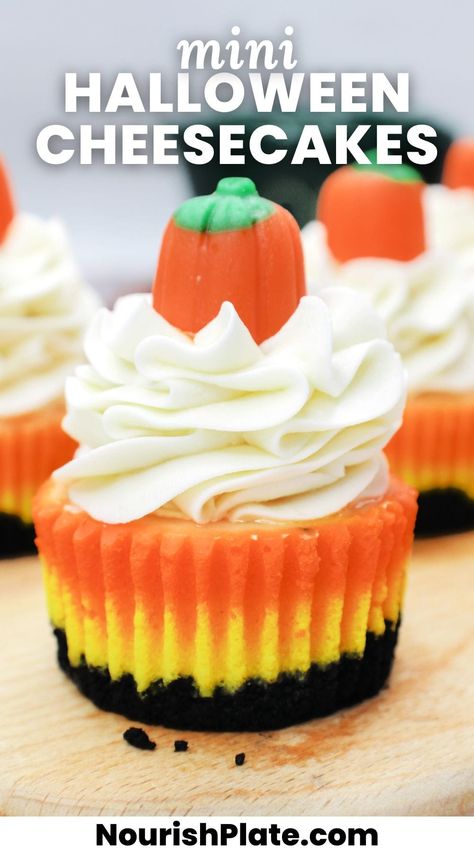 Candy Corn Mini Cheesecakes Halloween Cheesecake Cups, Diy Halloween Desserts, Holidays Desserts, Cheesecake Minis, Halloween Cheesecake, Candy Pumpkins, Fun Halloween Desserts, Creative Treats, Fun Cupcake Recipes