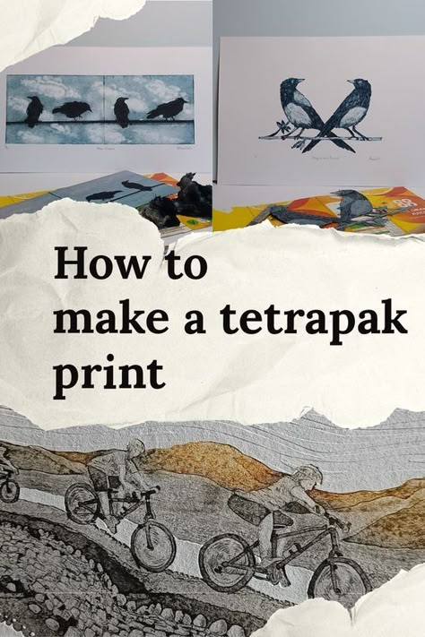 Simple steps to make a collagraph tetrapak print Simple Printing Techniques, Types Of Printmaking, Collagraphy Printmaking, Collograph Printmaking Ideas, Collagraph Printmaking Ideas, Tetrapak Printmaking, Tetrapak Print, Linocut Prints Ideas Simple, Diy Linocut