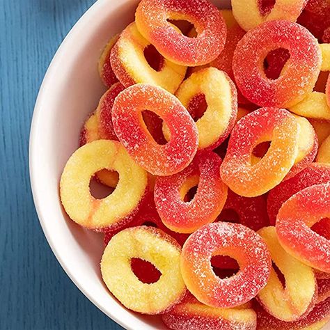 The absolute best peach rings in bulk! Gummy Rings, Peach Candy, Peach Ring, Frozen Yogurt Bar, Scoops Of Ice Cream, Yogurt Bar, Soft Candy, Vegan Candles, Ice Cream Toppings