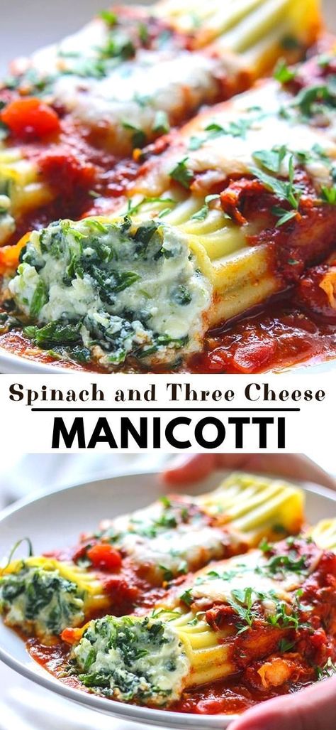 Creamy Spinach and Three-Cheese Manicotti Spinach Stuffed Manicotti, How To Stuff Manicotti Shells, Spinach And Cheese Pasta, Spinach Cheese Manicotti, Veggie Manicotti Recipe, Vegetarian Manicotti Recipe, Manicotti Recipe With Cottage Cheese, Italian Valentines Dinner, Manicotti Recipe Spinach