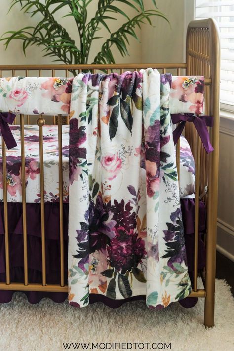 Plum Nursery Girl, Jewel Tone Nursery Girl, Moody Floral Nursery, Nursery Dark Furniture, Wallpapers Home Decor, Floral Nursery Bedding, Woodland Baby Nursery, Brown Nursery, Black Crib