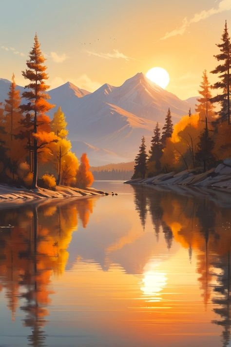 Golden sunrise reflecting on tranquil waters, as autumn's colors embrace the mountains in peaceful harmony.


#ai #aiart #aiartist #digitalart #digitalpainting #graphics #sunrise #mountainview #mountains #scenery #scenicview #autumn #autumncolors #goldensunrise #wallpaper #leonardoai Sunrise Illustration, Mountains Scenery, Golden Sunrise, Sunrise Wallpaper, Sunrise Mountain, Mountain Landscape Painting, Sunrise Art, Dreamy Artwork, Graphic Quotes