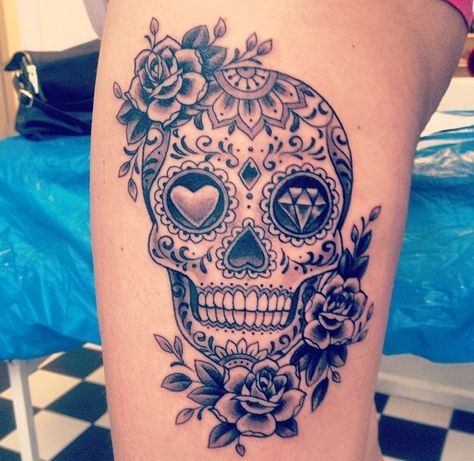 Girly Skull Tattoos, Skull Thigh Tattoos, Mexican Skull Tattoos, Small Skull Tattoo, Candy Skull Tattoo, Skull Tattoo Flowers, Feminine Skull Tattoos, Mexican Tattoo, Catrina Tattoo