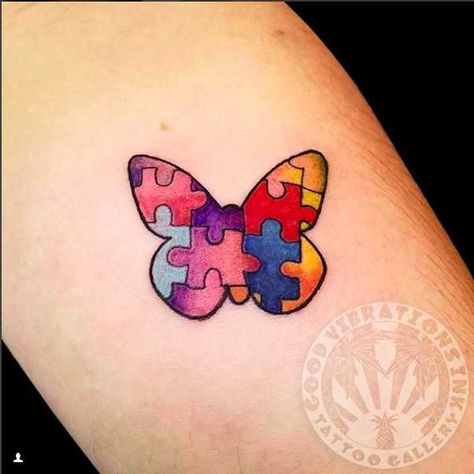 Butterfly Tattoo Cover Up, Butterfly Name Tattoo, Butterfly Puzzle, Puzzle Tattoos, Butterfly Tattoo On Shoulder, Butterfly Tattoo Meaning, Butterfly Back Tattoo, Awareness Tattoo, Amazing Tattoos