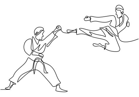 One single continuous line drawing of Taekwondo and Karate training. Two senior men practice taekwondo by attacking using legs and hand blows hand draw isolated on white background Taekwondo Poses, Taekwondo Tattoo, Karate Tattoos, Karate Training, Birthday Card Drawing, Boy Drawing, Continuous Line Drawing, Gesture Drawing, Painting Art Lesson