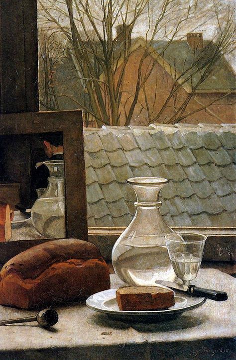 Still Life with Bread, Bottle of Water, Pipe and Mirror (1884) by Piet Meiners (Dutch, 1857-1903), oil on canvas, 74 x 49 cm Dutch Still Life, Bottle Of Water, Dutch Painters, The Secret History, Art Masters, Through The Window, Mirror Art, Water Pipe, Still Life Painting