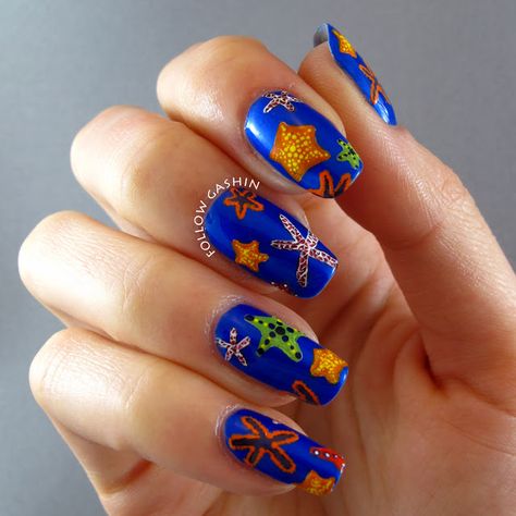 Starfish! Star Fish Nails, Starfish Manicure, Star Fish Nails Art, Sea Creature Nails, Starfish Nails Beach Themes, Garden Rock Border, Edging Ideas, Blue Polish, Blue Nails