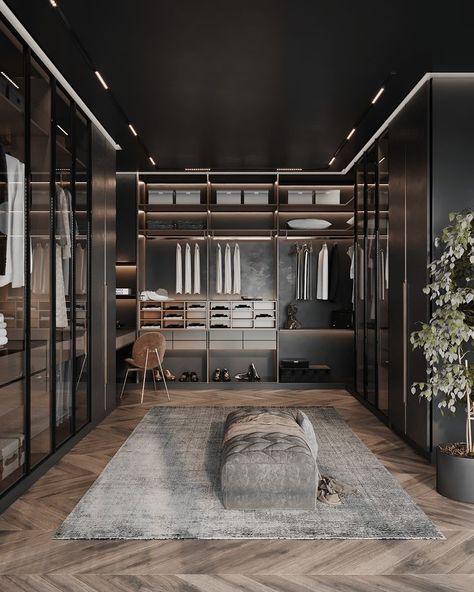 Dark open closet room with a glamorous feel to it designed by Sarah Habib Modern Closet Designs, Luxury Closets, Closets Design, Dream Closet Design, Walk In Closet Design, Walking Closet, Luxury Closets Design, Modern Closet, Closet Decor