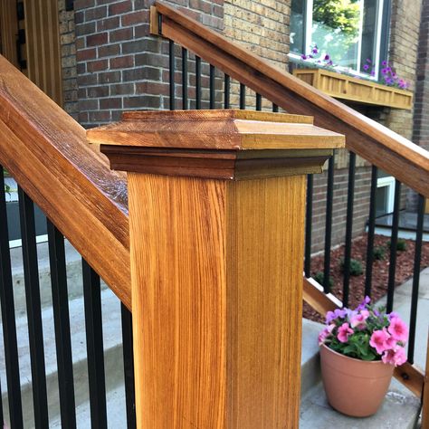 Front Step Railing Ideas, Iron Porch Railing, Cedar Railing, Adding Curb Appeal, Porch Handrails, Wood Railings For Stairs, Exterior Handrail, Wood Deck Railing, Porch Railing Designs