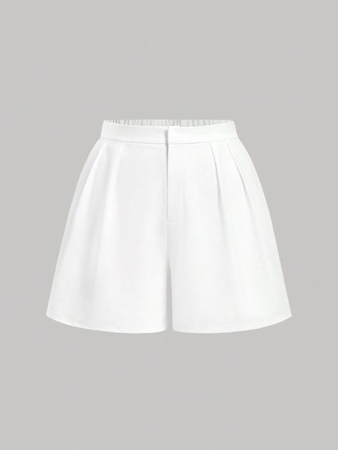 White Casual Collar  Knitted Fabric Plain Straight Leg Embellished Slight Stretch  Women Plus Clothing Short Elegantes, Vacation Capsule, Summer Vacation Style, Short Blanc, Style Shorts, Plus Size Shorts, Vacation Style, White Short, White Outfits