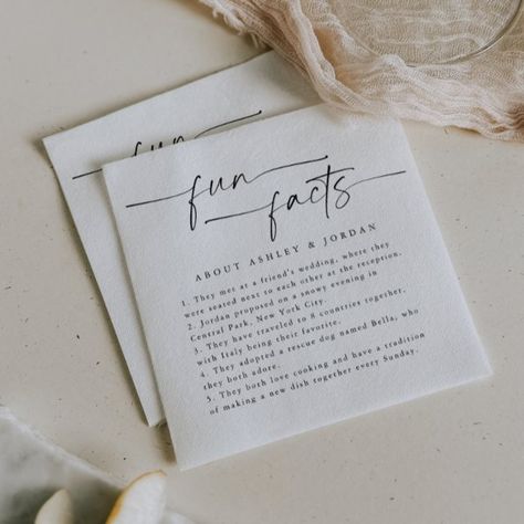 Modern Script Fun Facts Wedding Napkins Fun Facts Wedding Napkins, Fun Facts Wedding, Wedding Fun Facts, Stationary Wedding, Wedding Cocktail Napkins, Design Edit, Personalized Napkins, Beautiful Calligraphy, Wedding Napkins