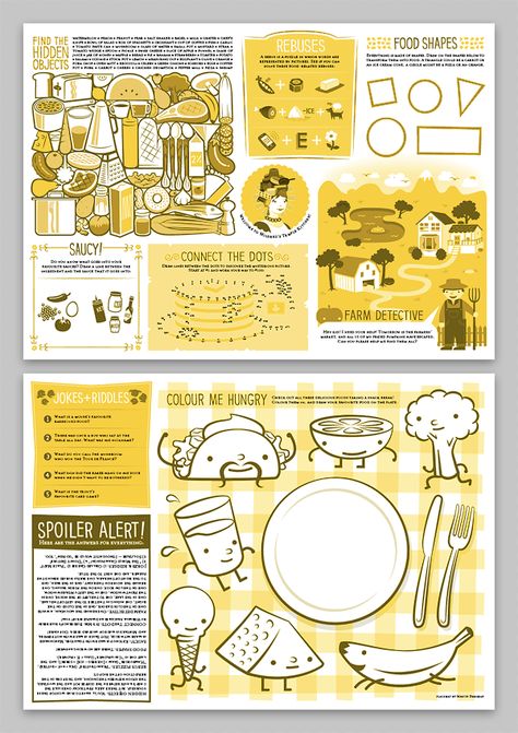 Mildred's Temple Kitchen Kids' Placemats on Behance Kids Menu Ideas Restaurants, Kids Menu Ideas, Kids Menu Design, Kids Magazine Design, Alternative Magazine, Placemats Design, Kids Placemats, Kids Magazines, Table Of Contents Design