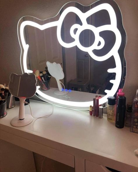 Cute Vanity Mirror, Hello Kitty Vanity, Vanity Mirror With Led Lights, Bedroom Led Lights, Neon Mirror, Cute Vanity, Hello Kitty Mirror, Hello Kitty Room Decor, Hello Kitty Bedroom