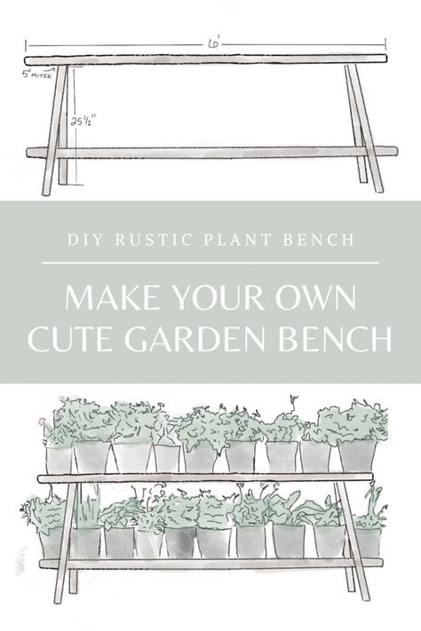 DIY Rustic Plant Bench - Liz Marie Blog Plant Bench, Potting Benches, Porch Landscaping, Liz Marie, Liz Marie Blog, Wood Plant Stand, Farmhouse Garden, Diy Garden Furniture, Etagere Bookcase