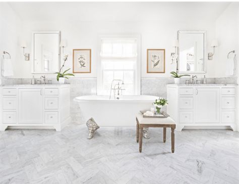 The Fox Group | Scott Davis Photography White Colonial House bathroom with marble tile Beach House Flooring Ideas, American Colonial House, House Flooring Ideas, White Colonial House, Southern Interior Design, Classic Style Home, Beach House Flooring, Design Style Guide, White Colonial