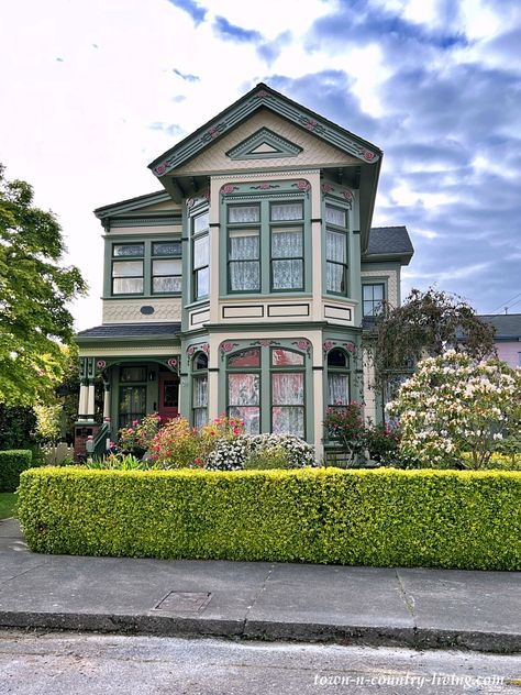 Victorian Home Exterior, Ferndale California, Cute Porch, Victorian Street, Wednesday Friends, Humboldt County, Kitchen Herbs, Pastel House, Porch And Balcony