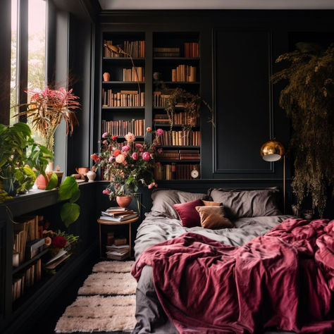 Black Rooms With Pops Of Color, Dark And Feminine Bedroom, Moody Parisian Apartment, Different Bedroom Aesthetics Dark, Feminine Dark Bedroom, Mantel In Bedroom, Dark Romantic Home Aesthetic, Dark Feminine House Aesthetic, Dark Feminine Apartment Aesthetic