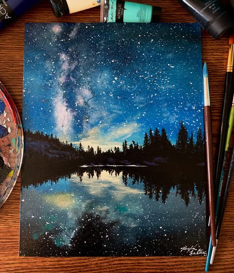 Follow me on Instagram @leducartistry #paintings #localartist #stargazing Galaxies Painting, Paintings Of The Night Sky, Start Night Painting, Night Sky Canvas Painting, Night Painting Acrylic, Night Sky Landscape Painting, Nightscape Painting, Painting Ideas On Canvas Night Sky, Acrylic Painting Night Sky