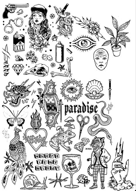 Men’s Flash Tattoo Ideas, Flash Art Tattoo Ideas For Men, Patchwork Tattoo Flash Sheet, Tattoo Design Ideas Sketches, Mini Tattoo For Men, Dark Patchwork Tattoo, Henna Tattoo Designs Hand Unique, Mens Patchwork Tattoo Ideas, Small Dark Tattoos