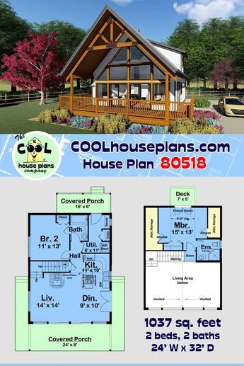 This Small House Plan is turning a lot of heads on social media. This 2 story home plan has a crawlspace foundation which is perfect for a sloping or rugged terrain property. 2 bedrooms and two bathrooms will accommodate a small family for their weekend getaway by the lake. The rear window wall will let the sunshine in, and open living space promotes family bonding. Plus, Mom and Dad can retreat to their very private suite on the top floor ❤️. #COOLhouseplans #HomeWithaView Cabin Floor Plans 2 Bedroom, A Frame Cabin Floor Plans, Mountain Cabin Plans, Cabin Style House, Open Living Space, Cabin Floor Plans, Open Living, Small House Plan, Frame House