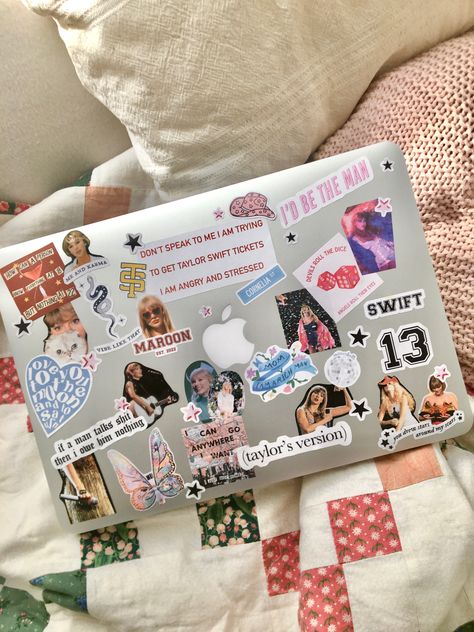 #taylorswift#swiftie#laptop#stickers#custom Laptop Stickers Taylor Swift, Macbook Stickers Ideas, Decorated Laptop, Taylor Swift Tickets, Daily Aesthetic, Laptop Decoration, Laptop Case Stickers, High School Hacks, College Essentials