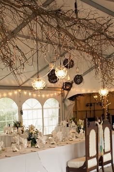 How to do a DIY woodsy/enchanted forest themed wedding in a tent — The Knot Tree Branch Wedding, Indoor Wedding Decorations, Wedding Tent Decorations, Wedding Ceiling, Wedding Branches, Rustic Wedding Decorations, Tent Decorations, Christmas Atmosphere, Wedding Tent