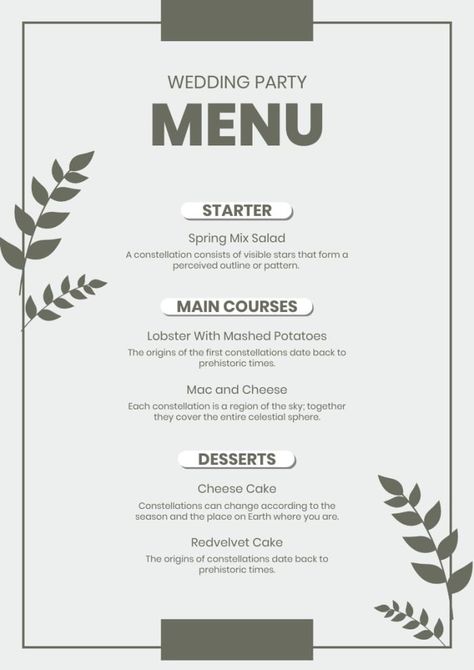 Simple Menu Card Design, Party Menu Template, Spring Mix Salad, Menu Card Design, Menu Layout, Baking Packaging, Simple Menu, Cookie Recipes Homemade, Wedding Menu Template