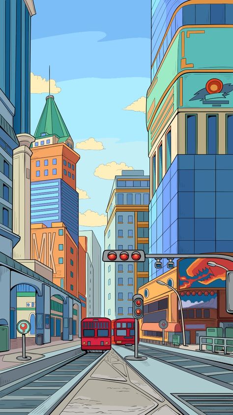 City Perspective Illustration, City Scape Illustration, Spiderverse Background, Vacation Drawing, Colourful Room, 2 Point Perspective Drawing, Cityscape Drawing, Animated Photos, City Cartoon