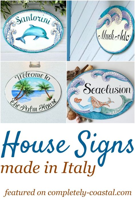 Beautiful artistic ceramic house sign plaques for your house name, number, family name whatever you wish! Made in Italy. Featured on Completely Coastal along with other great house plaques. Does your house have a name? Mermaid Beach House, Beach House Names, House Name Plaques, Outdoor Mosaic, Beach House Sign, House Name Signs, Mermaid Sign, Beach House Signs, House Name