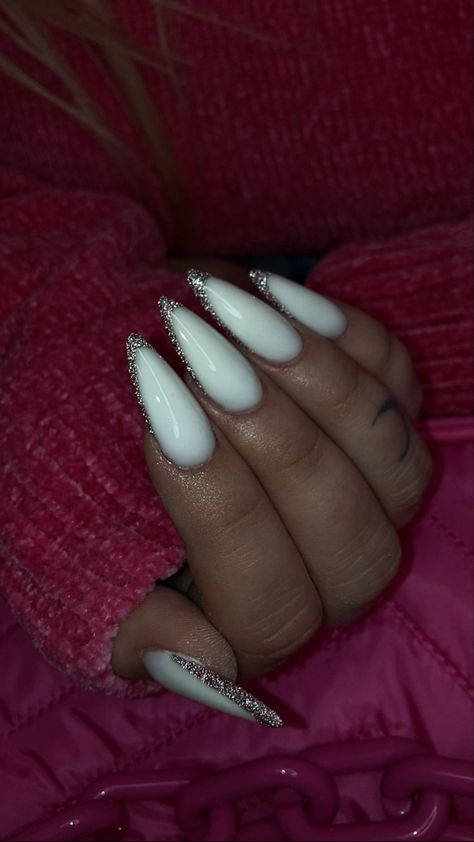 Milky White Nails Glitter French, Milky White Nails With Glitter, French Glitter Nails, Milky White French, Sparkly French Tips, Glitter French Tips, Claw Nails, White French, Glitter Nail