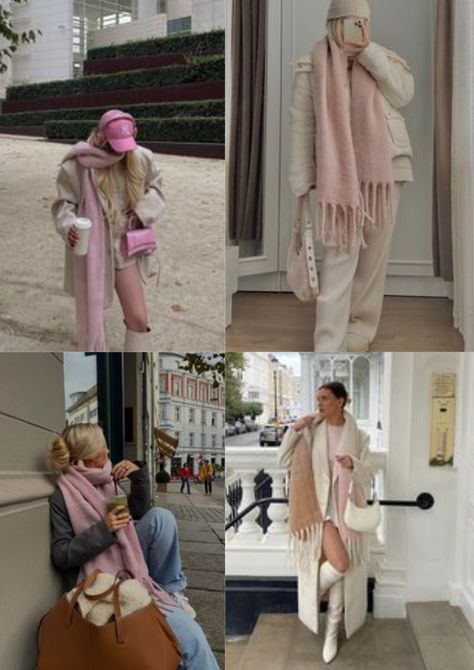 Scarf Fit Aesthetic, Pink Chunky Scarf, Pink Plaid Scarf Outfit, Pink Fluffy Scarf, Pink Scarf Aesthetic, Light Pink Scarf Outfit, Hot Pink Scarf Outfit, Pink Silk Scarf Outfit, Pink Winter Outfit Aesthetic