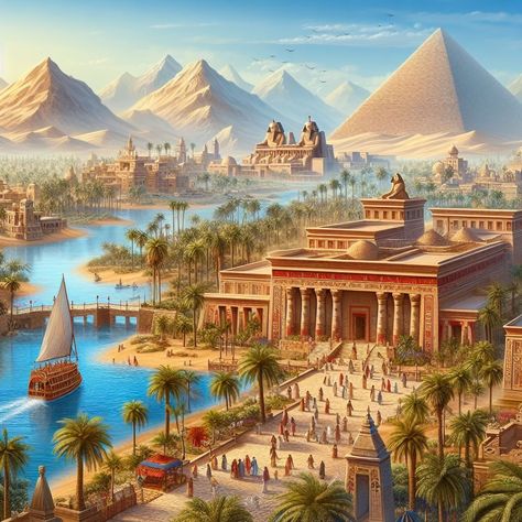 Ancient Egypt City Concept Art, Ancient Cities Concept, Ancient Egyptian Artwork, Ancient Atlantis, Mystical Pictures, Egyptian Halloween, Ancient Egyptian Cities, City Builder, Royal Lineage