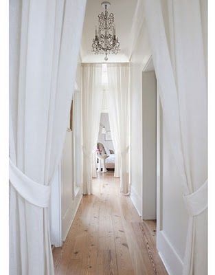 To divide my dressing room from the hallway. curtains as dividers. light and airy white panels. Hallway Curtains, Long Hallway, Massage Room, Narrow Hallway, White Rooms, White Room, White Curtains, Hanging Curtains, Winter White