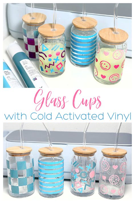 Color Changing Glass Cups Vinyl, Clear Cups With Vinyl Cricut, How To Make Glass Cups With Cricut, Cricut Vinyl Tumbler Ideas, Cold Activated Vinyl Ideas, Cricut Color Changing Cup Ideas, Cute Cricut Projects To Sell, Vinyl On Plastic Cups, How To Make Glass Cups With Vinyl