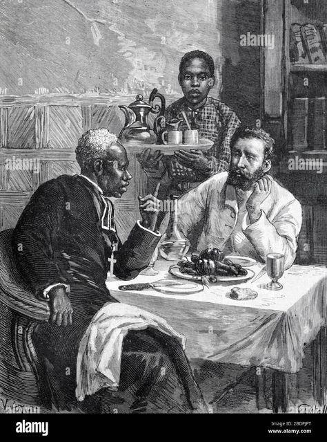 Download this stock image: Samuel Ajayi Crowther (c1809-1891) First African Anglican Bishop in Nigeria Receives Belgium Explorer Adolphe Burdo Africa. Vintage or Old Illustration or Engraving 1886 - 2BDPJPT from Alamy's library of millions of high resolution stock photos, illustrations and vectors. Africa Vintage, Old Illustration, Figurative Art, Belgium, Photo Image, High Resolution, Stock Images, Historical Figures, Resolution